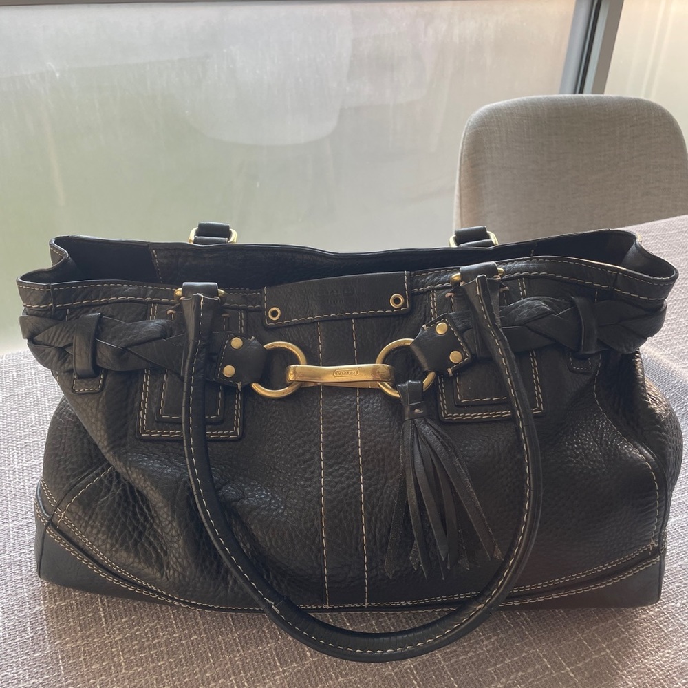 Coach Hampton Black Pebble Leather Purse Carry All W/ Braid Accent F13084